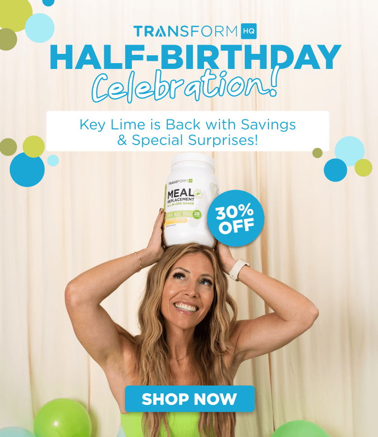Woman celebrating half-birthday with product, offering 30% off and special surprises.