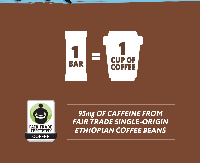 1 BAR = 1 CUP OF COFFEE, 95MG of Caffeine from Fair Trade Single-Origin Coffee Beans