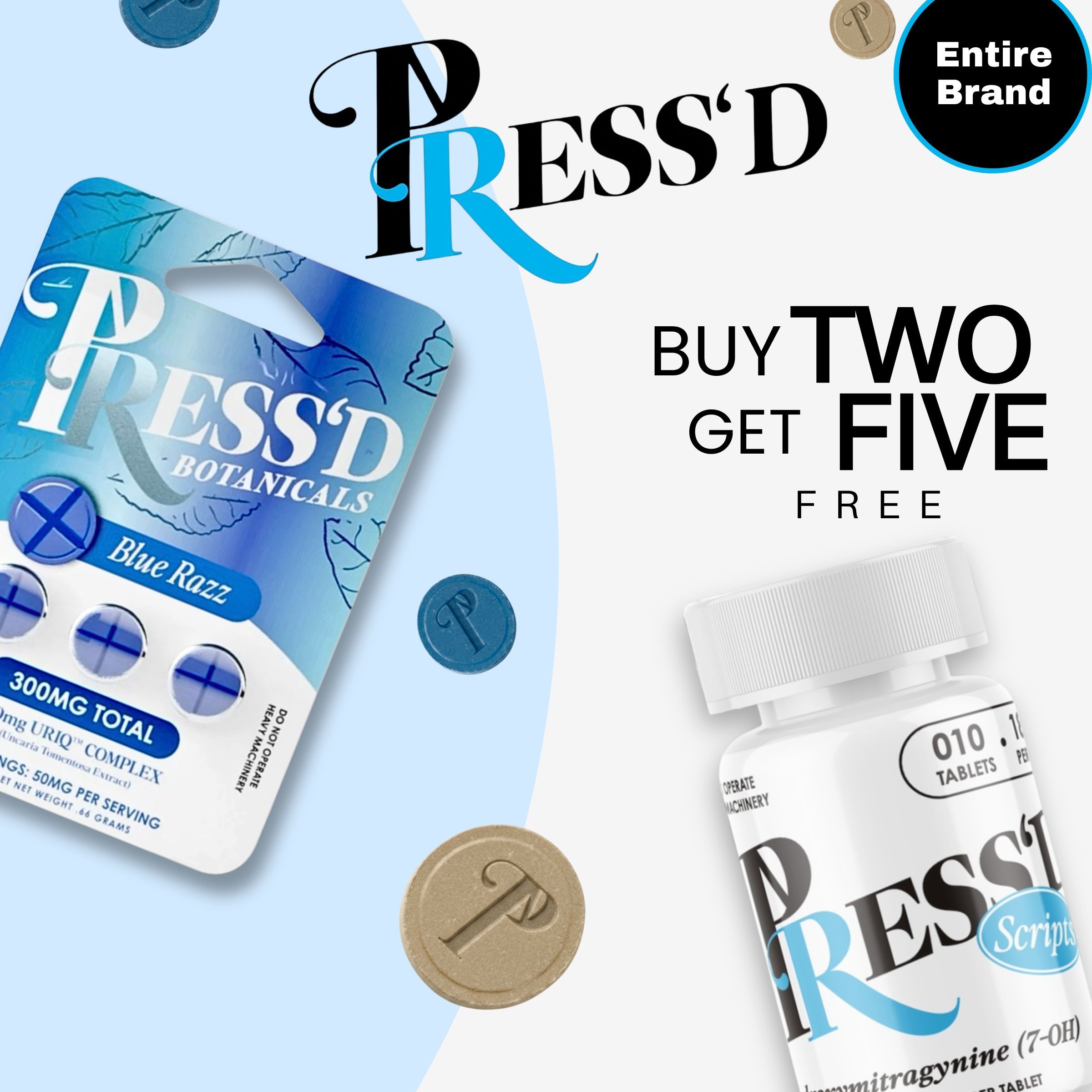 Promotional image for PRESS'D products, offering a buy two, get five free deal.
