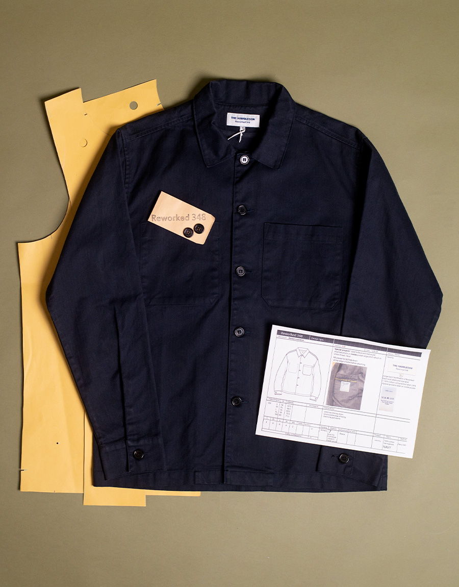 A navy shirt on a background with pattern pieces and a design sheet.