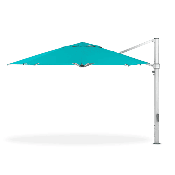Turquoise cantilever umbrella with side-post design for flexible patio shade over outdoor dining or lounge areas.