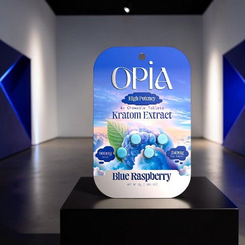 Product display of Opia Kratom Extract, flavor: Blue Raspberry.