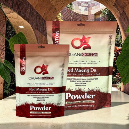 Two packages of Red Maeng Da powder on display.