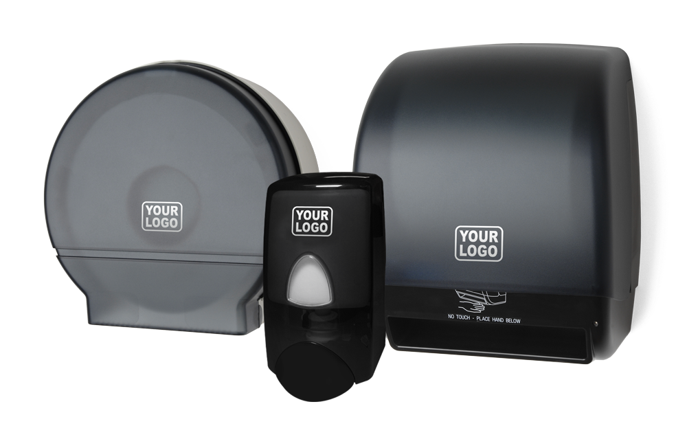 Three commercial restroom dispensers in black and gray colors.