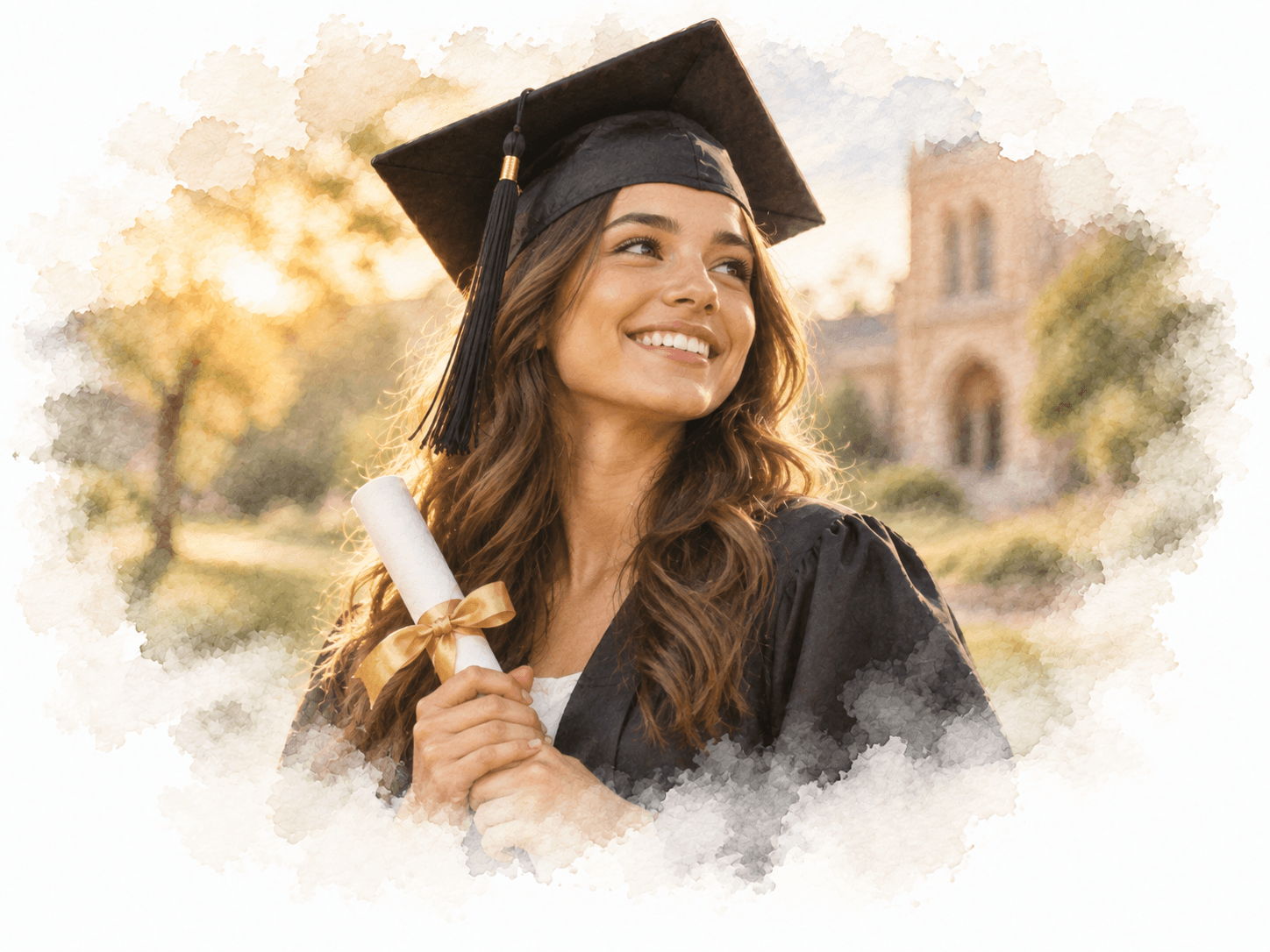 Smiling graduate holding diploma, wearing cap and gown, outdoors with a building backdrop.