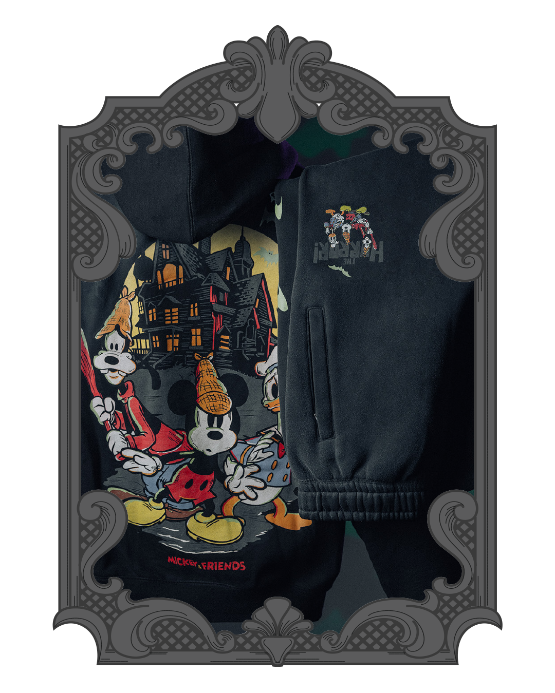 Mickey Mouse and friends illustrated on a dark hoodie with Halloween theme.