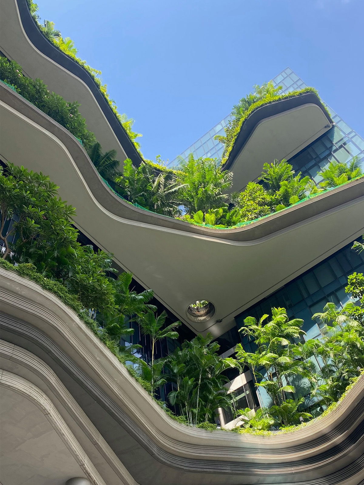 Modern building with wavy architecture and lush greenery against a blue sky.