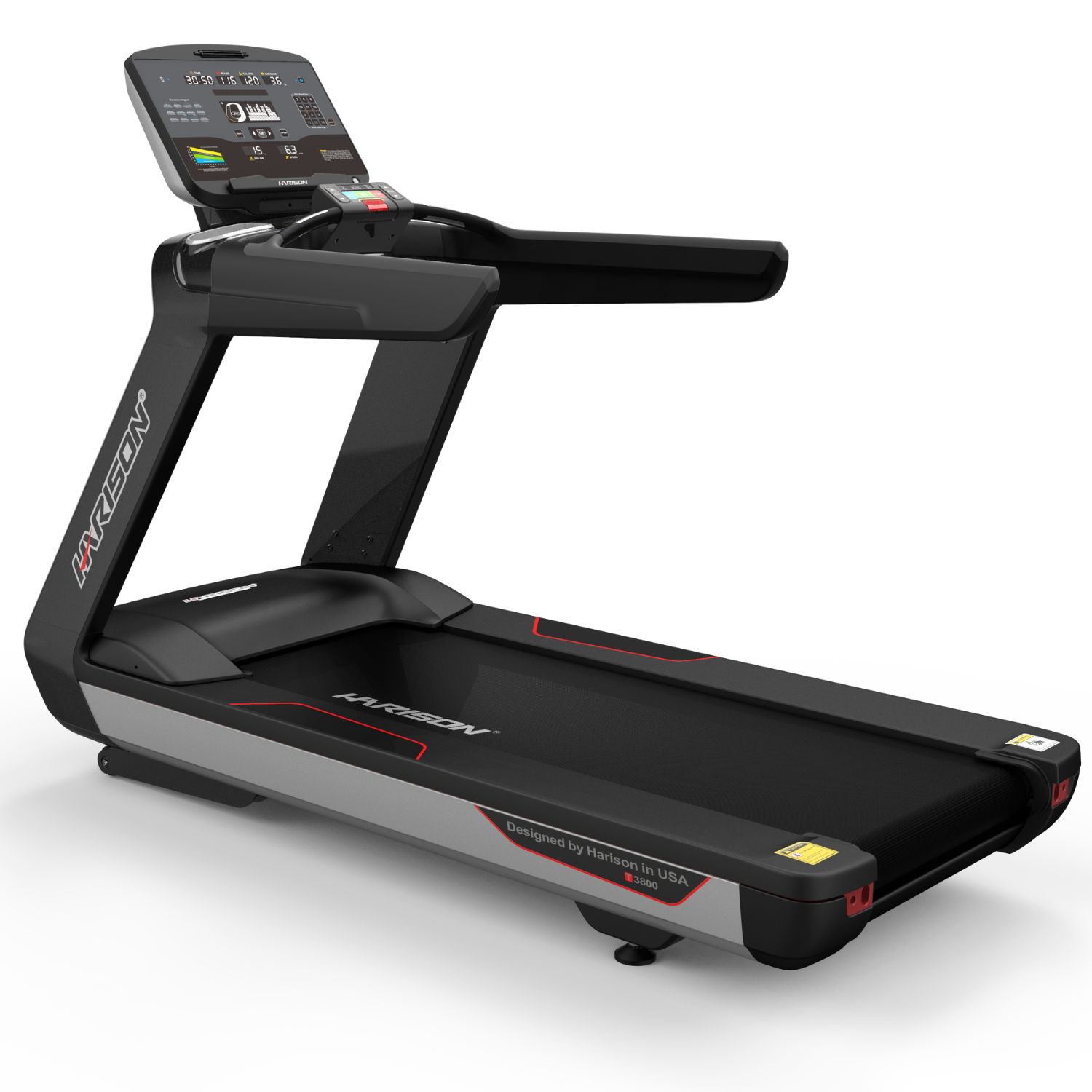 Treadmill with digital display and handrails.