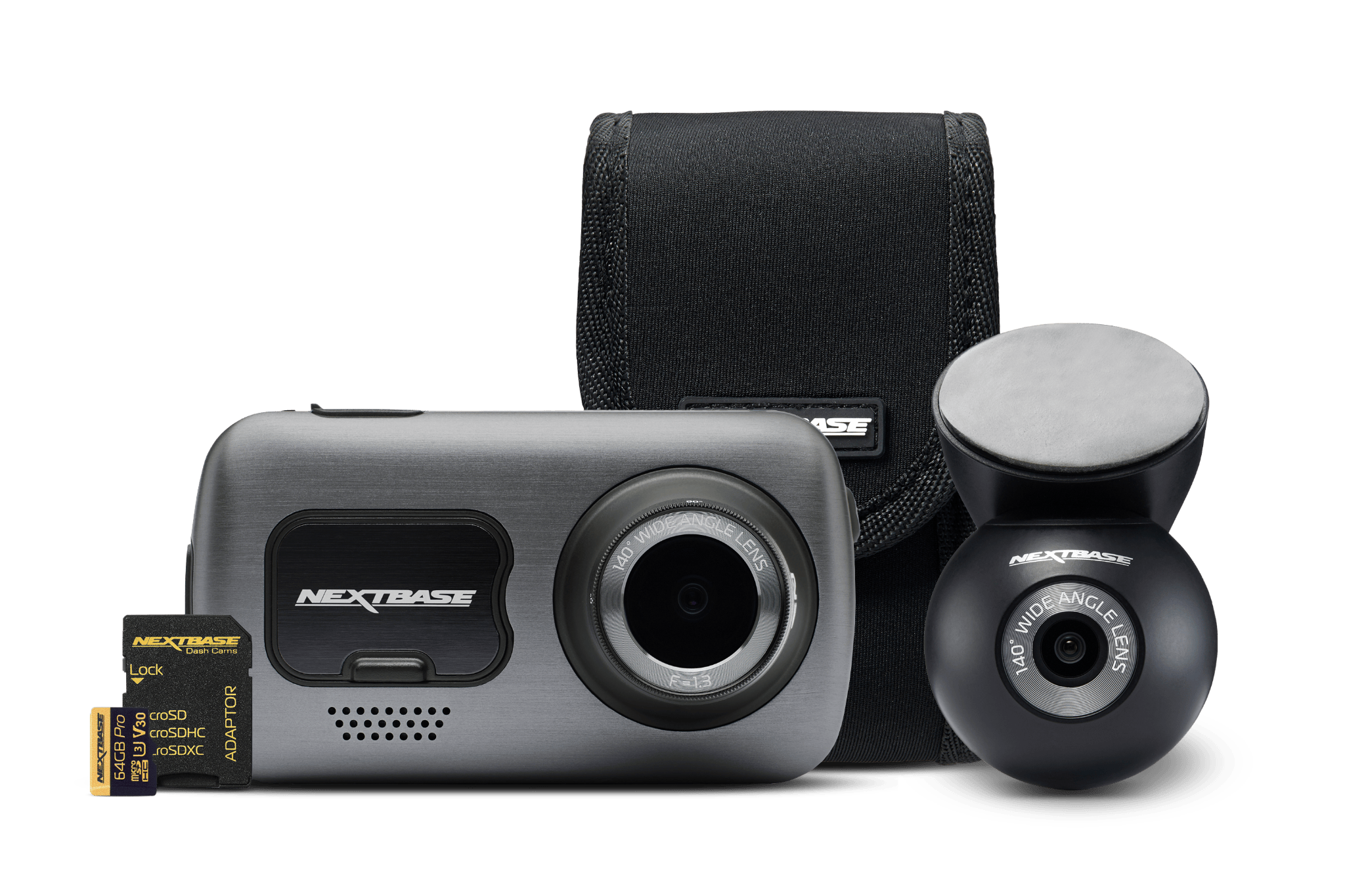 A dash camera with accessories including a memory card and carry case.