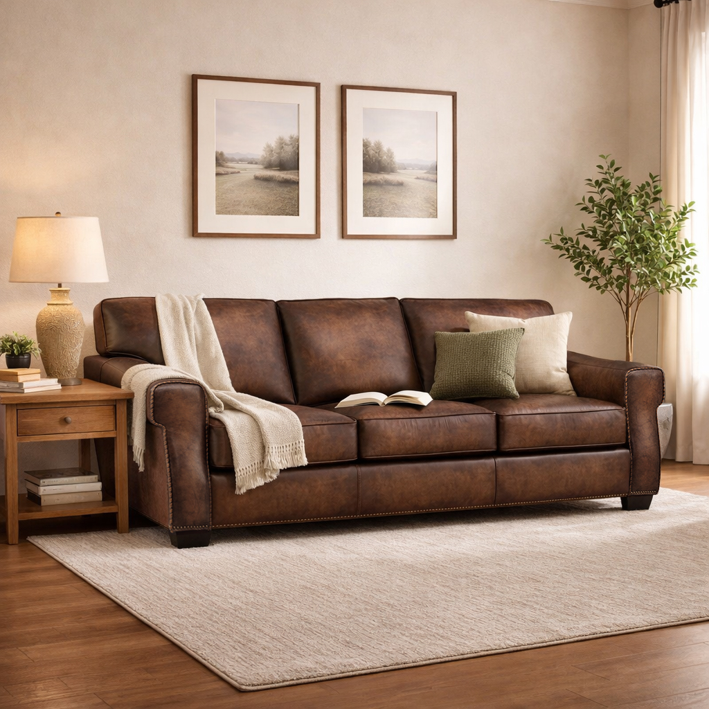 Capri collection leather sofa in Russet color, featuring clean lines and a warm brown finish, styled in a bright, inviting living room with neutral décor.