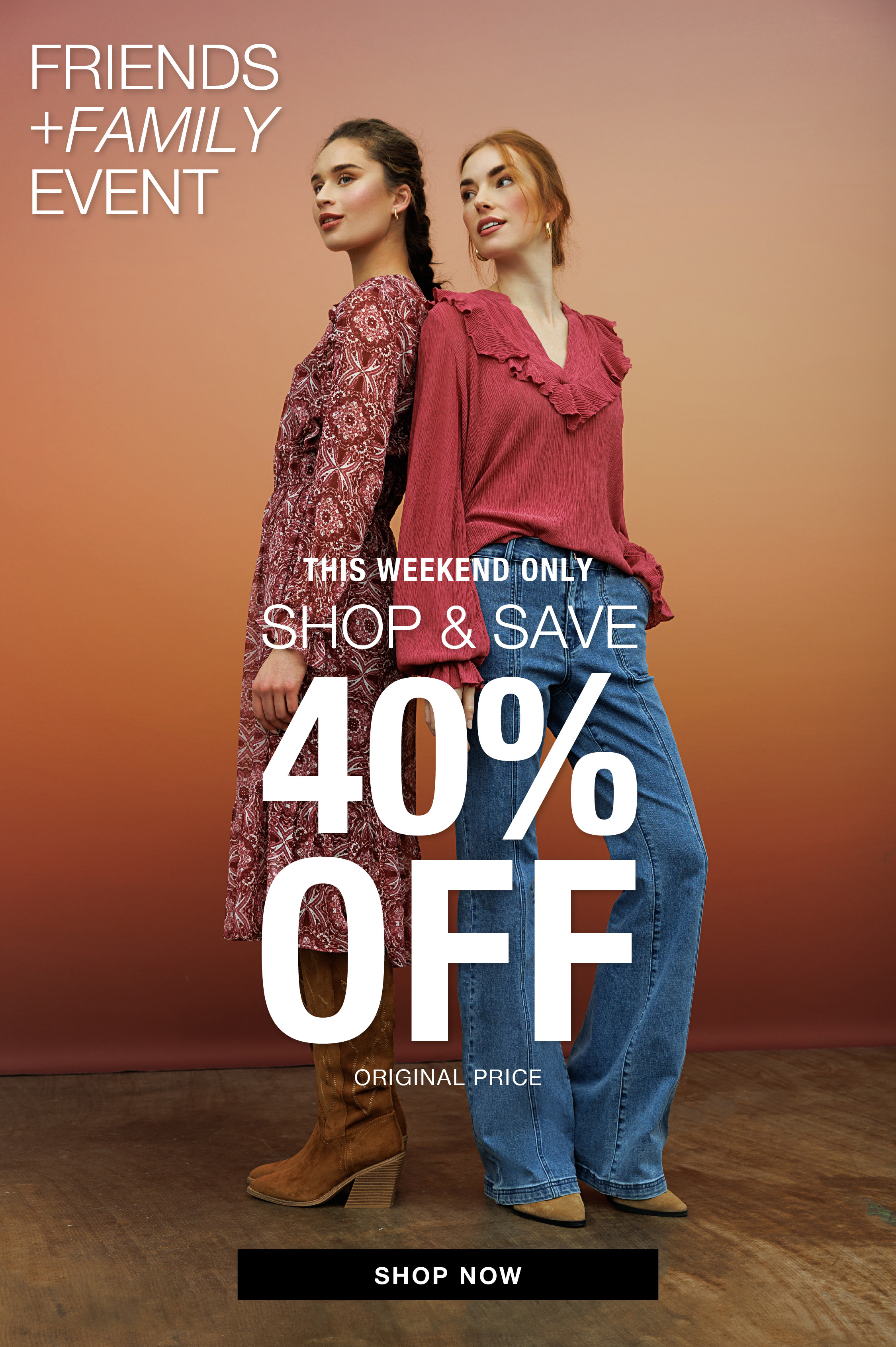 Two women modeling clothing with a sale announcement for 40% off.