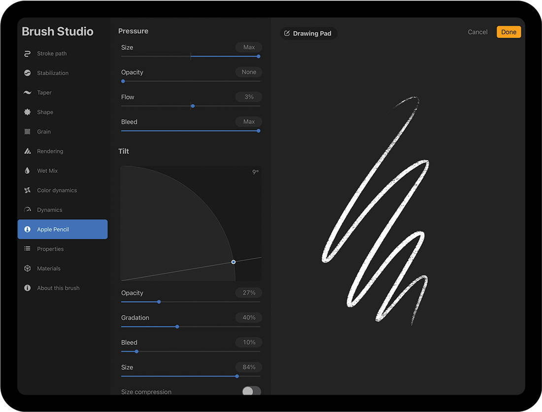 Procreate app Brush Studio with Apple Pencil menu option selected and sliders being adjusted