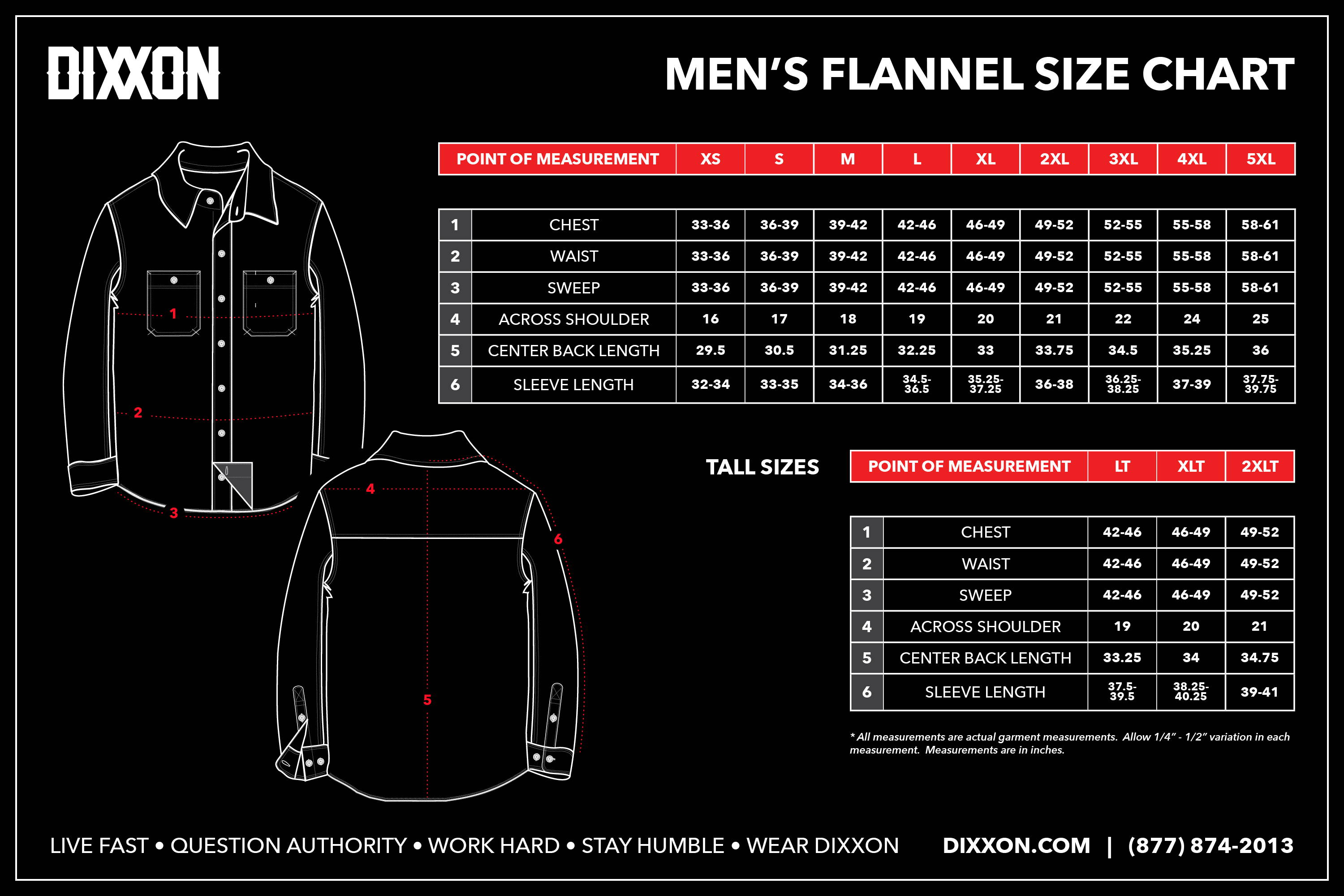 This size chart includes measurements for men's flannels, short sleeve bamboo shirts, and short sleeve party shirts.