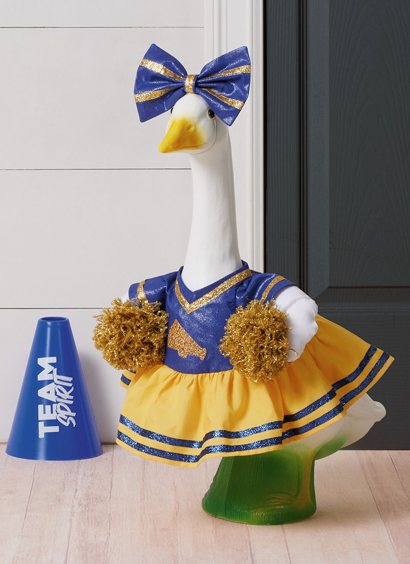 Cheerleader goose wearing a blue and yellow outfit with pom-poms.