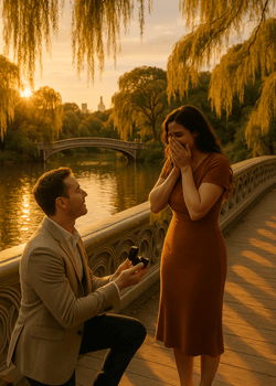 Man proposing at Bow Bridge in Central Park at sunset while woman reacts with surprise during a romantic engagement moment