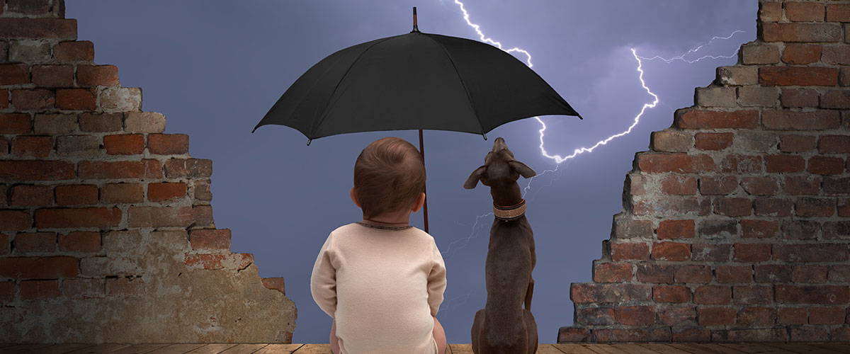 A dog sitting under an umbrella with lightning in the background