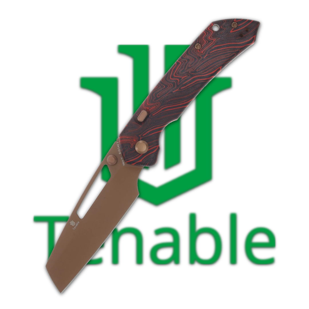 A folding knife in front of the Tenable logo.