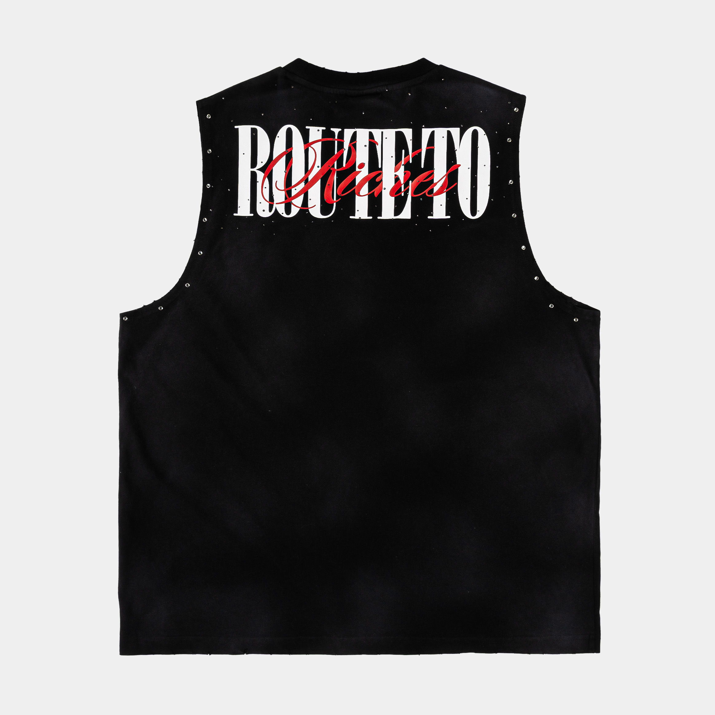 Black sleeveless shirt with skull and crown design.