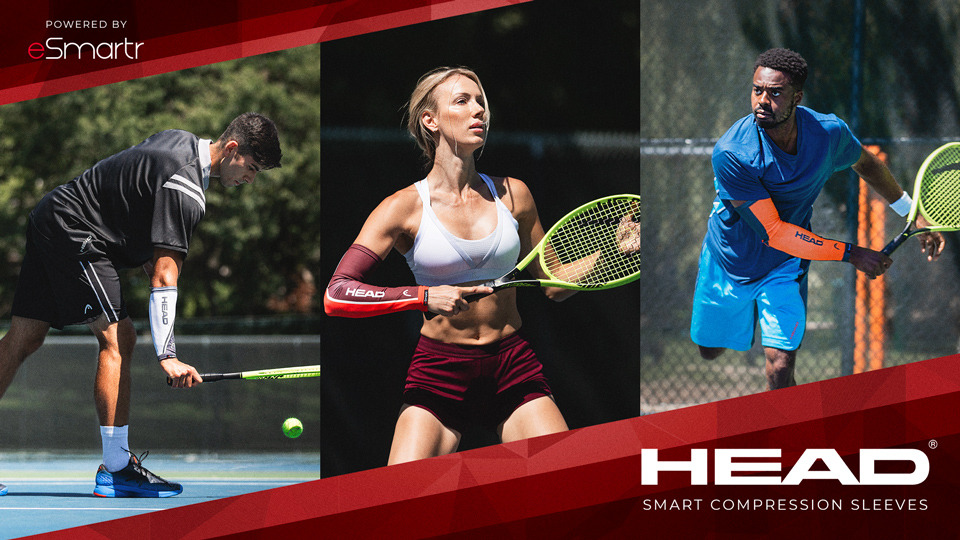 Three athletes play high-level tennis powered by their eSmartr x HEAD tennis arm sleeves.