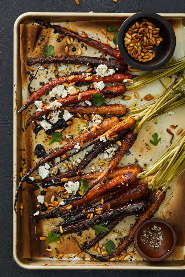 Over roasted carrots with goat cheese, pine nuts and balsamic
