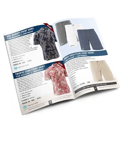 Open clothing catalog featuring shirts and shorts with descriptions and prices.