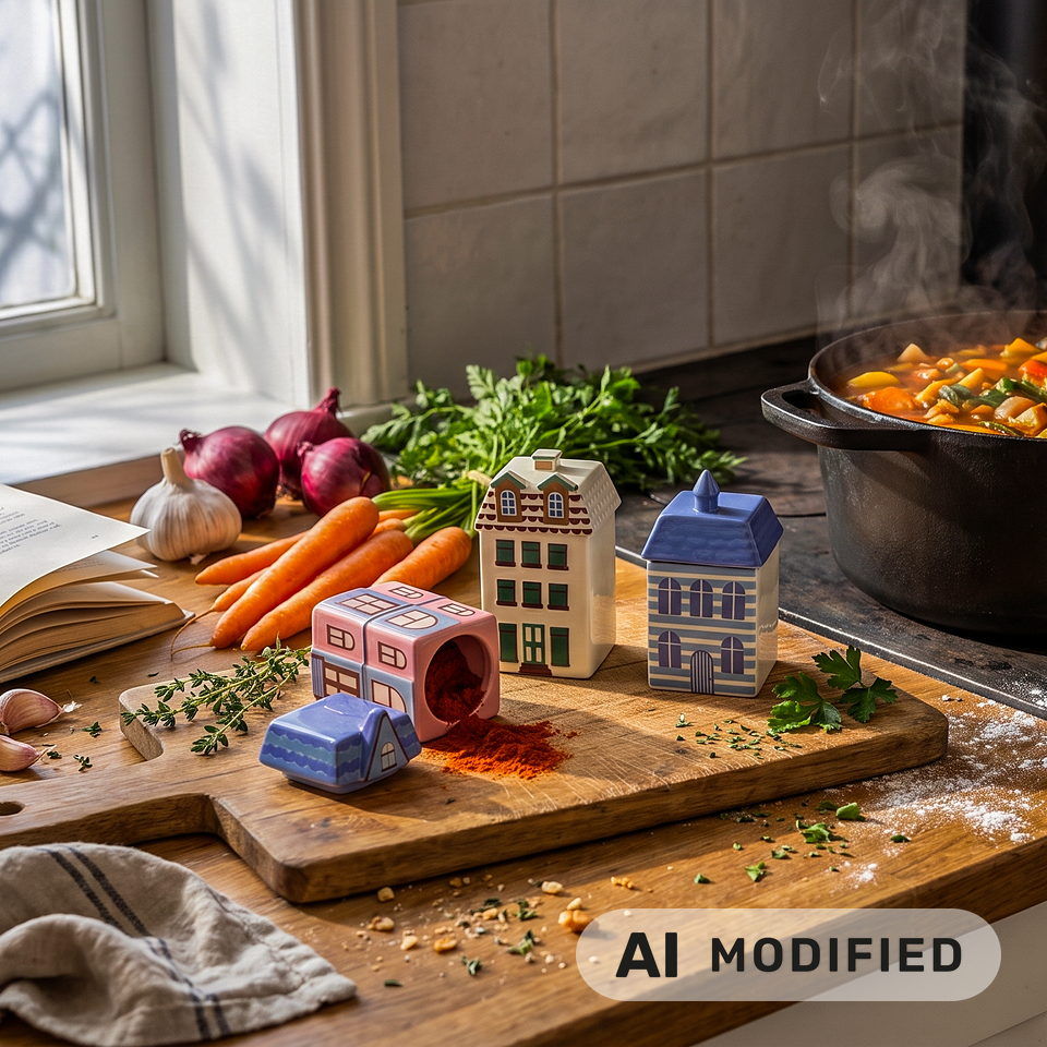Maisons à épices nordiques colorées sur un plan de cuisine avec des légumes et une marmite.