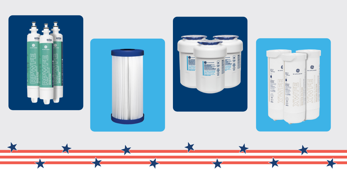 Various water filter cartridges displayed on a light background.