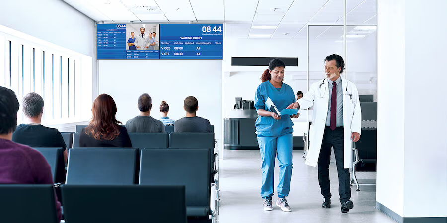 A medical waiting room with patients, a nurse, and a doctor.