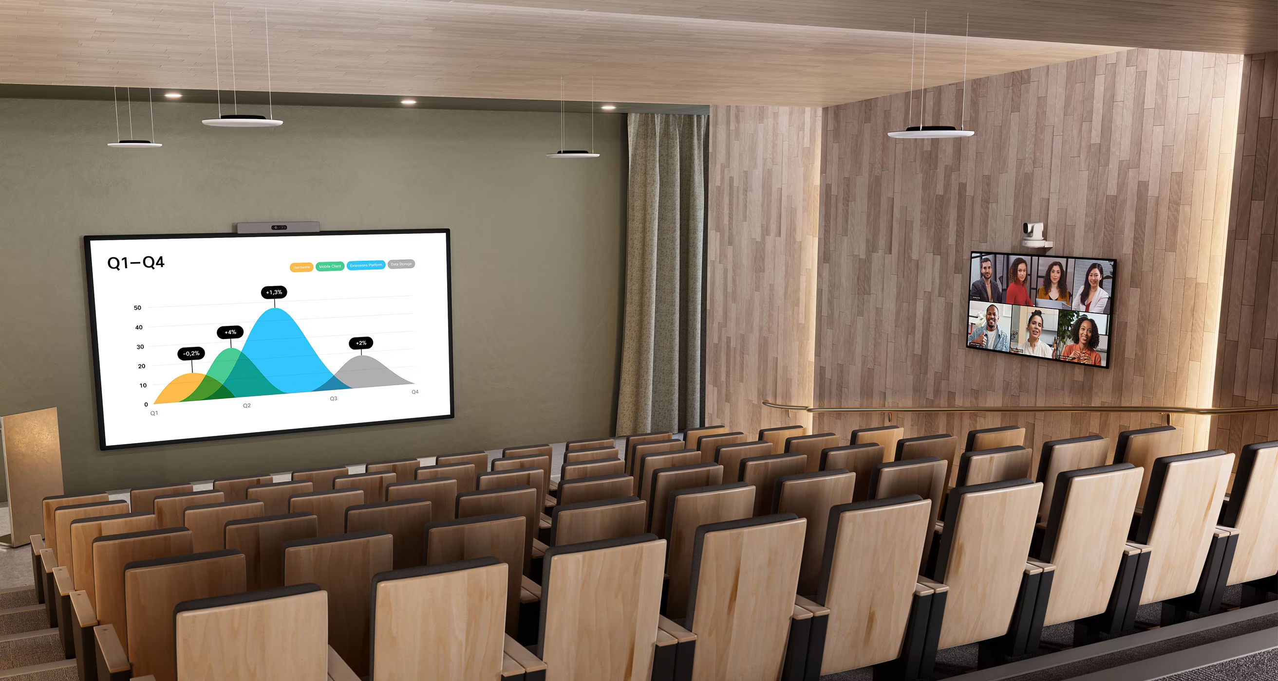 A modern auditorium with a presentation screen and empty seating.