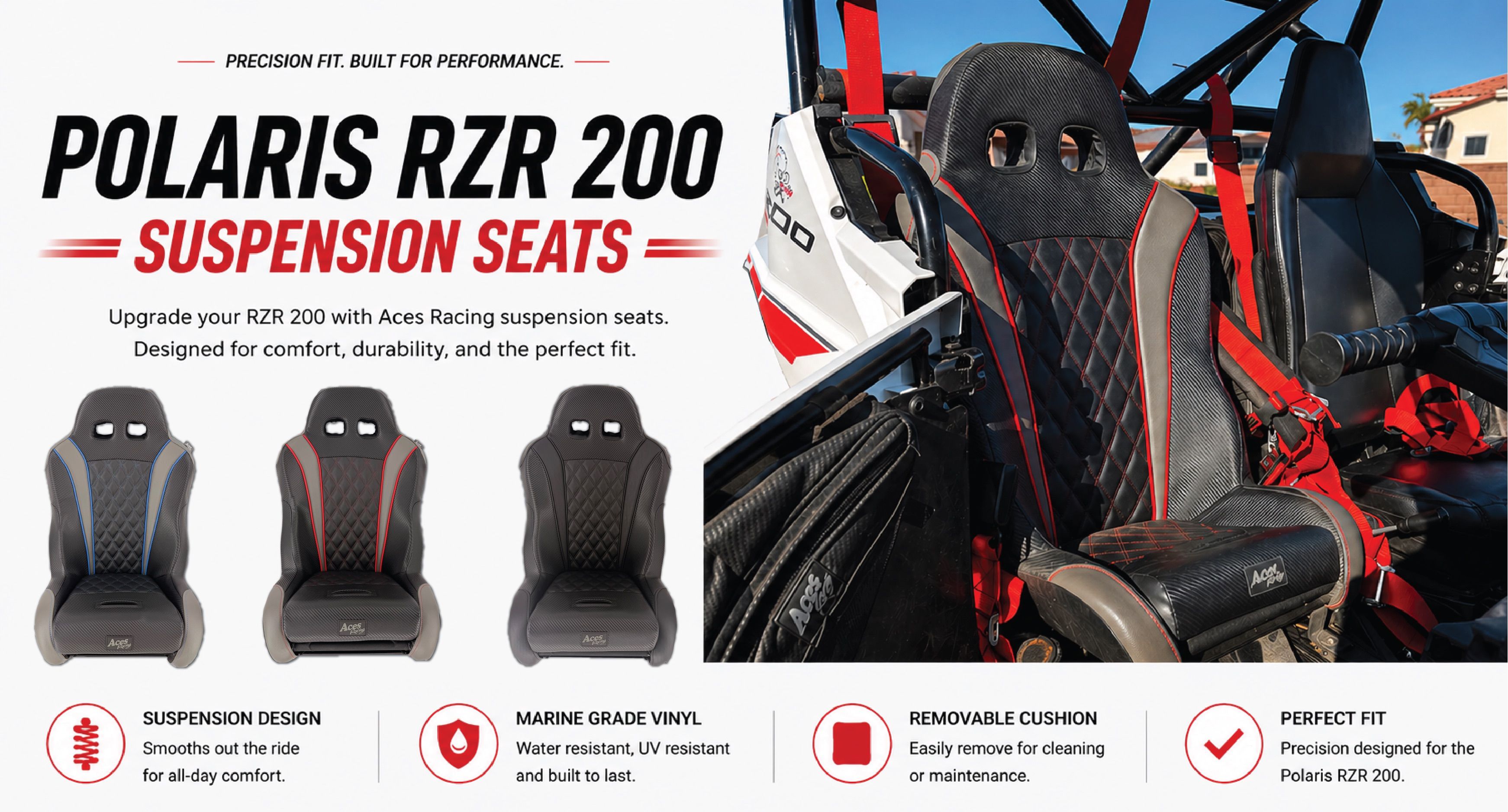 Polaris RZR 200 suspension seats with features and specifications.