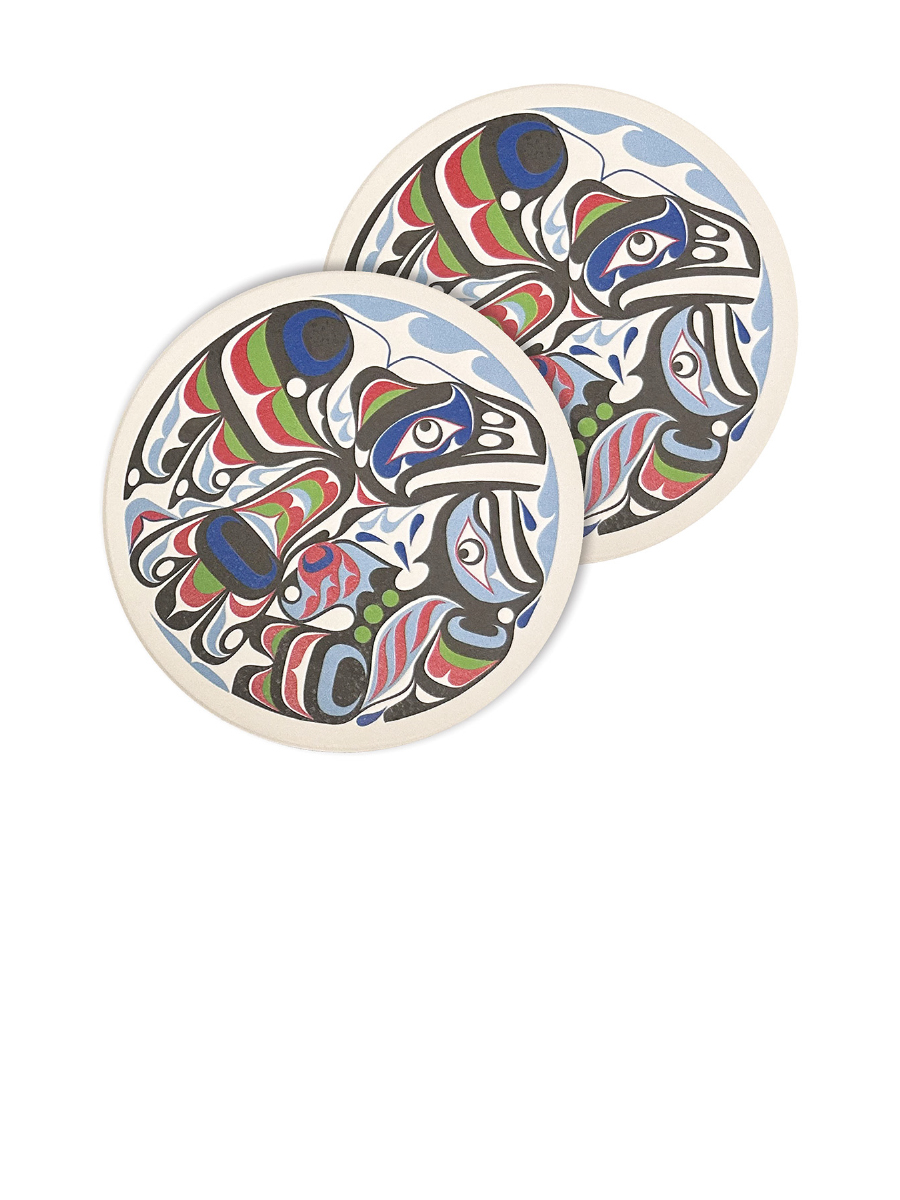 Raven and Killer Whale Ceramic Coasters by Trevor Hunt (Tlalis), Kwakiutl
