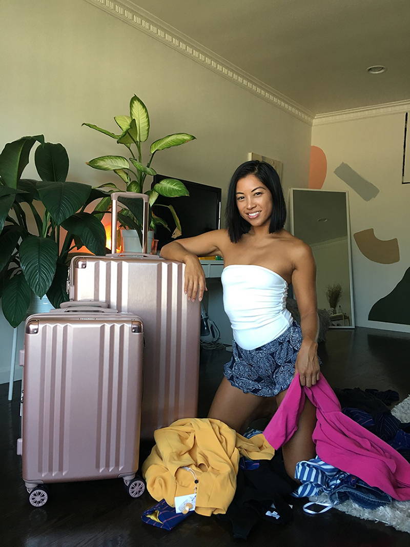 Justine Cuenco with CALPAK Ambeur 2Pc. Luggage in Rose Gold