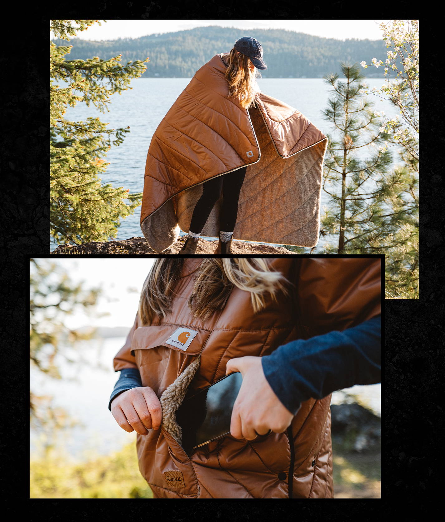 Woman wearing Rumpl x Carhartt brown sherpa puffy near the lake