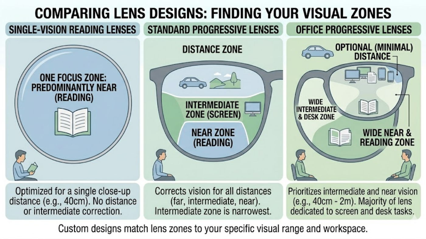 Diagram showing how office progressive lenses prioritise near and intermediate vision compared to standard progressive lenses.