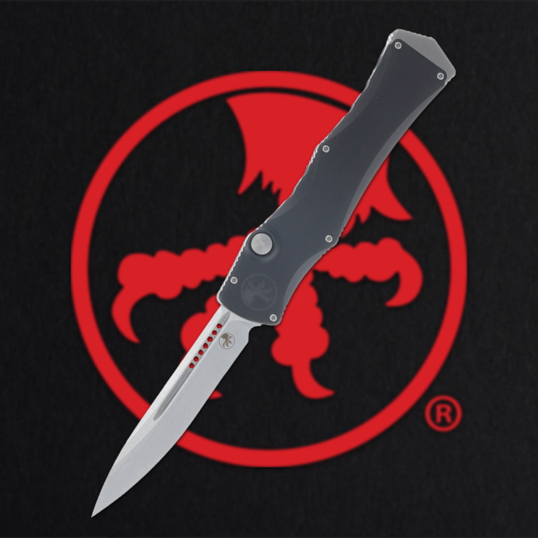 Knife with a silver blade and black handle on a red logo background.