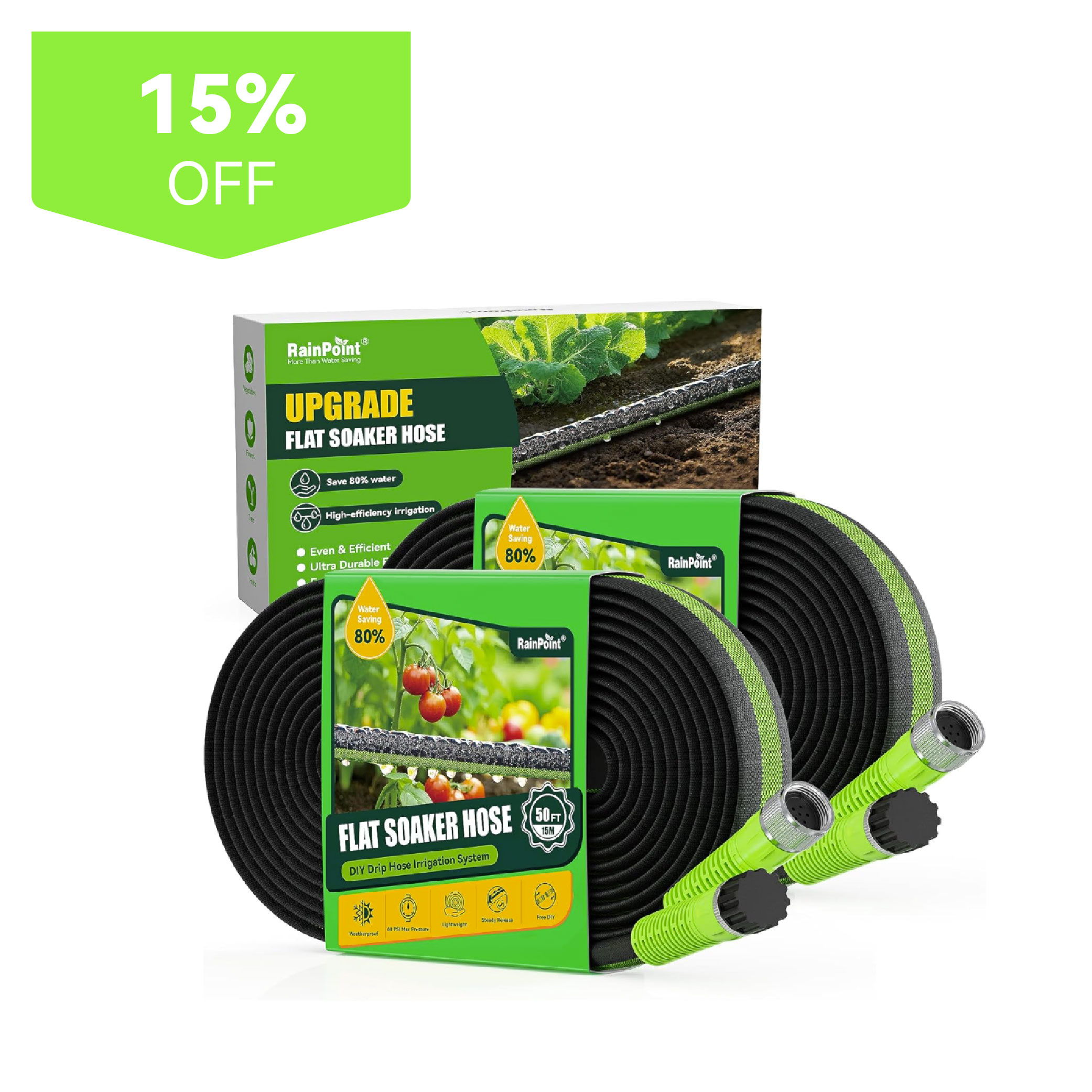 Flat garden hose with packaging, featuring a 15% off tag.
