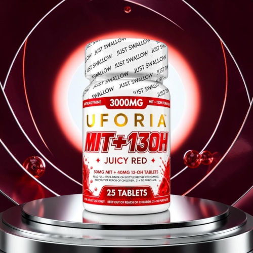 Uforia MIT+130H Juicy Red supplement bottle with 25 tablets.