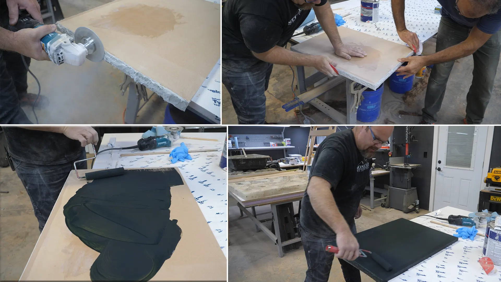 Sanding high points smooth on the edges and applying Stone Coat Epoxy Undercoat for a finished substrate.