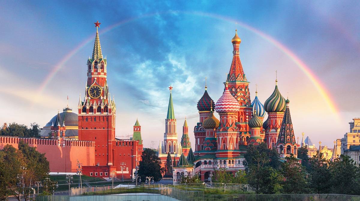 St Basil's Cathedral with a rainbow above