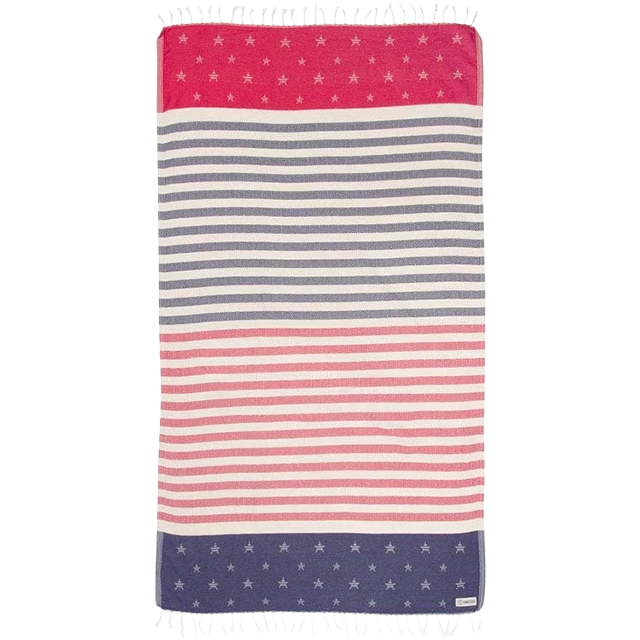 Striped towel with red, pink, gray, and navy patterns.