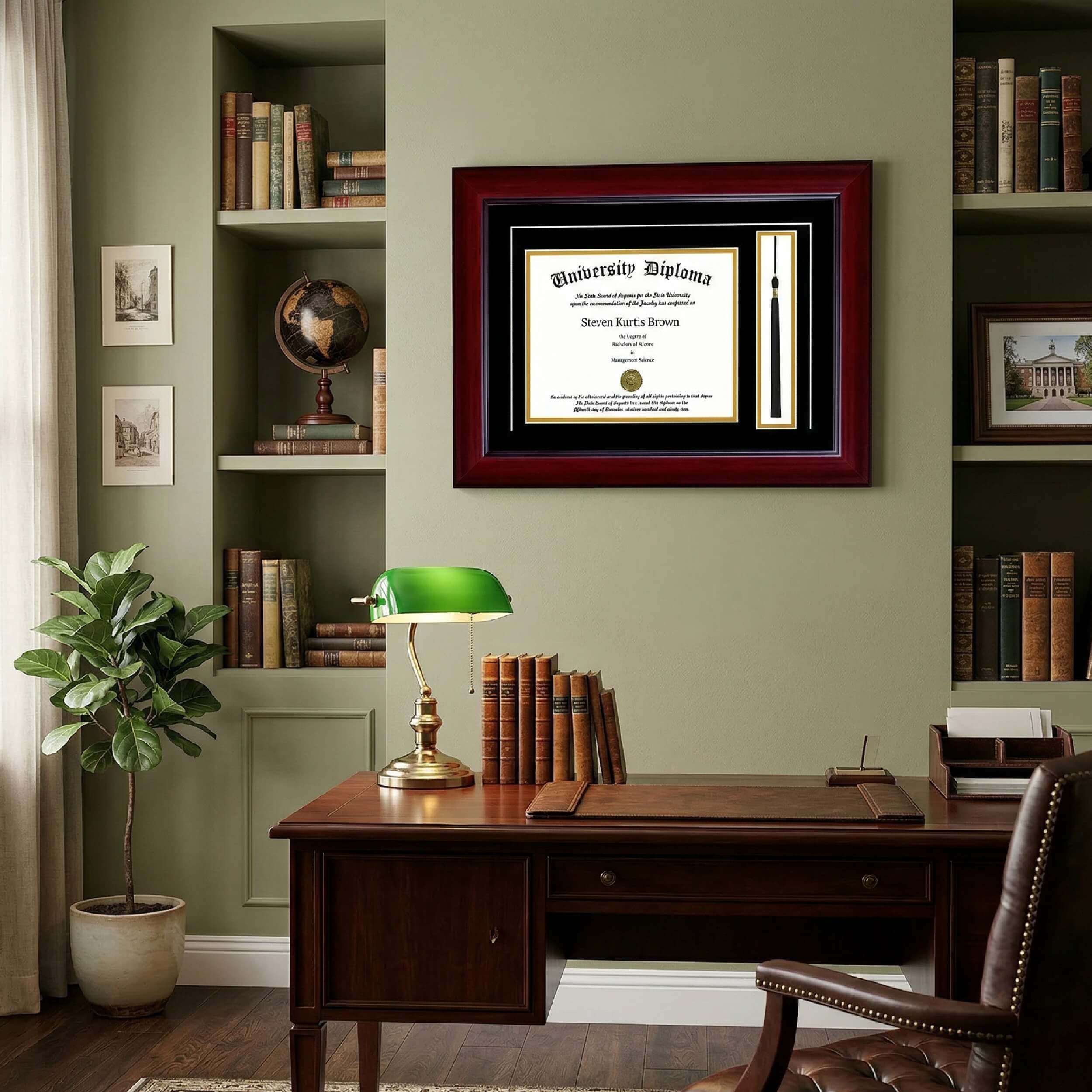 A desk with a framed certificate on the wall in a cozy office.