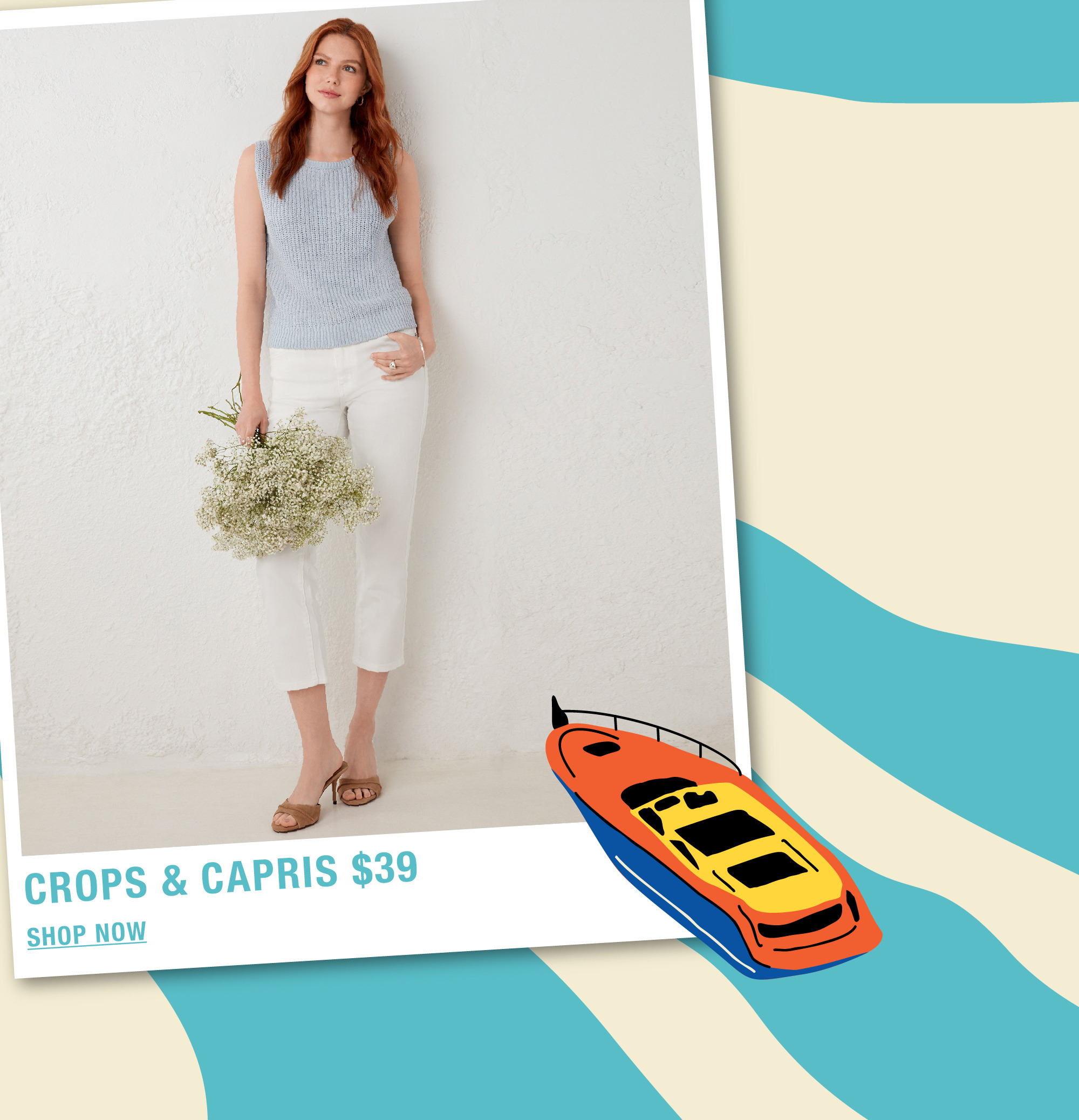 Woman in casual outfit holding flowers, with a boat graphic and text overlay.