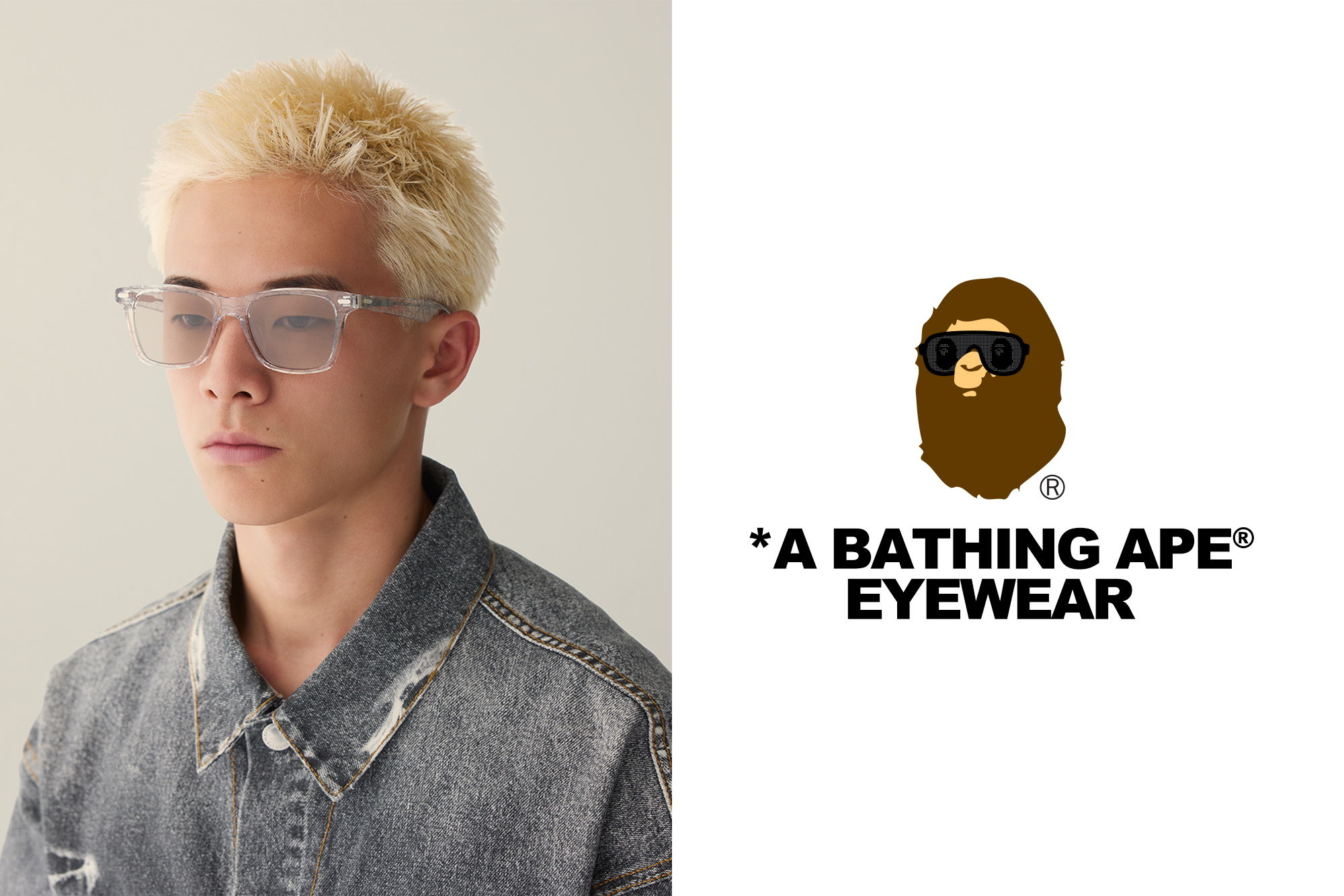 Model wearing glasses next to A Bathing Ape eyewear logo.