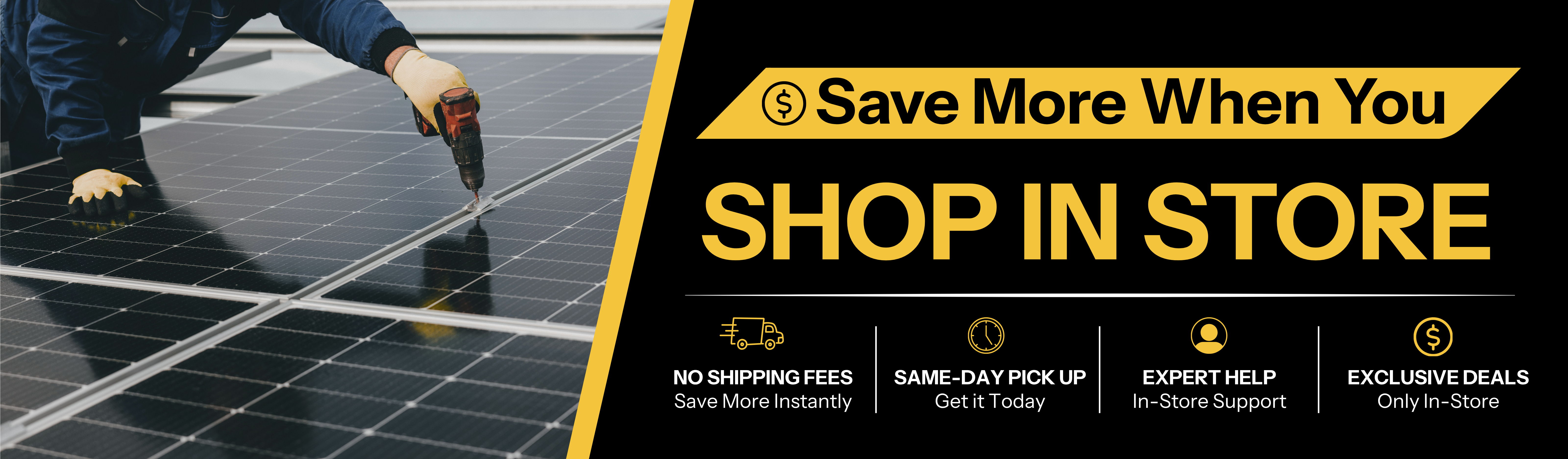 Person inspecting solar panels with promotional text about shopping in store.