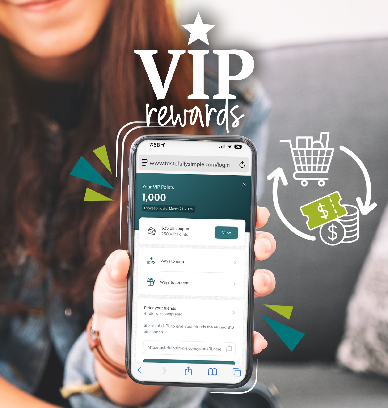 VIP Rewards. Person holding a smartphone displaying the Tastefully Simple VIP Rewards page.