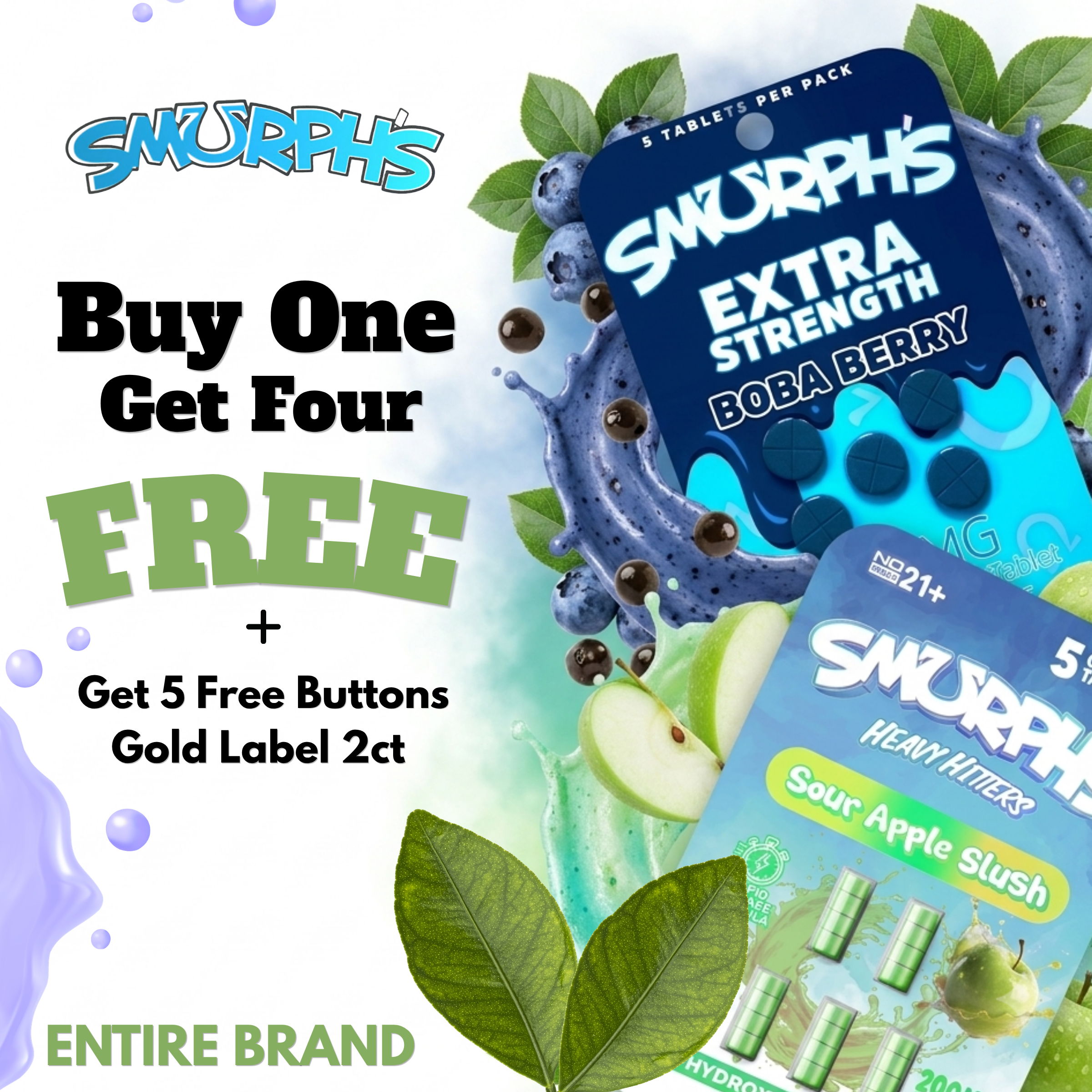 Promotional image for Smurph's products: buy one, get four free.