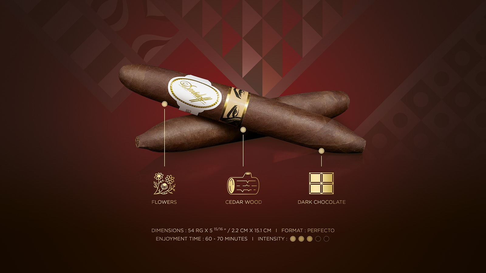 Two perfecto cigars which come with the Davidoff & Boyarde Masterpiece Humidor The Direct Gaze with blend details displayed, such as main aromas, enjoyment time and intensity.