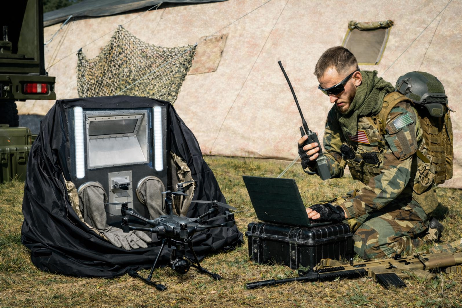 Soldier using a laptop and radio near a military tent.