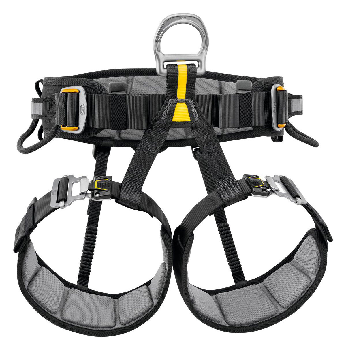 A climbing harness with adjustable straps and metal attachment points.