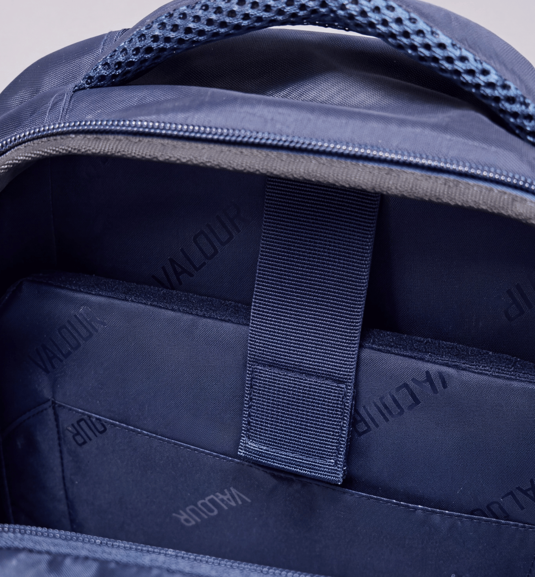 Interior view of a Valour Prestige backpack with storage compartment.